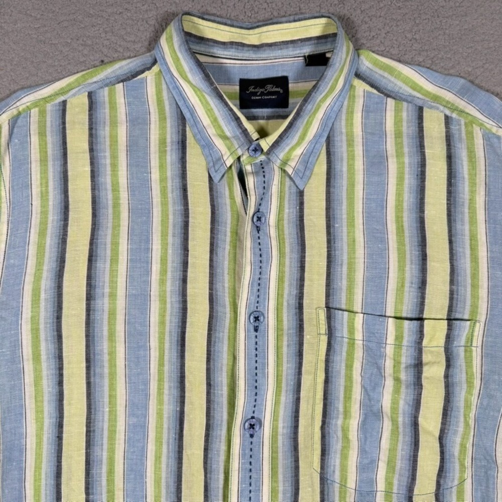 Indigo Palms Shirt Mens XL Striped 100% Linen Button Up Casual Preppy Pocket